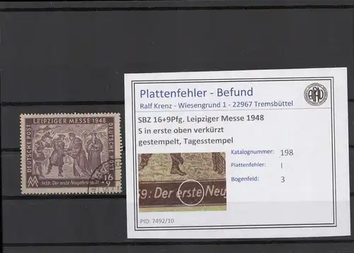 SBZ 1948 PLATTENFEHLER Nr 198 I gestempelt (221693)