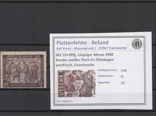 SBZ 1948 PLATTENFEHLER Nr 198 IX postfrisch (221721)