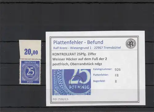 KONTROLLRAT 1947 PLATTENFEHLER Nr 926 F8 postfrisch (224026)
