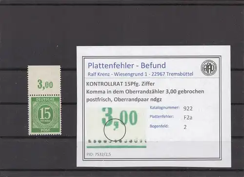 KONTROLLRAT 1947 PLATTENFEHLER Nr 922 F2a postfrisch (224028)