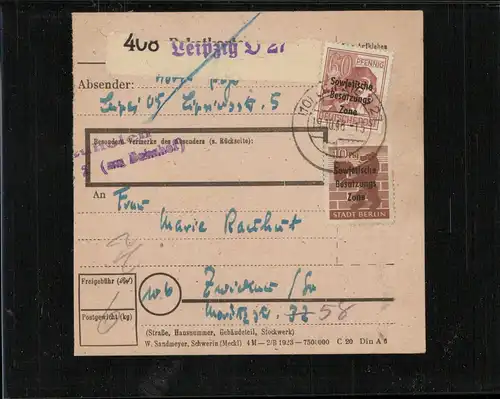 SBZ 1948 Interessante Paketkarte mit Nr 203 gestempelt (226529)
