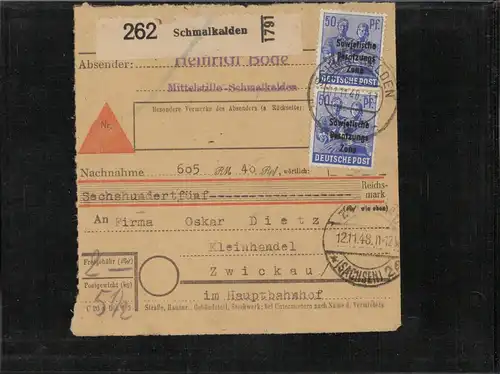 SBZ 1948 Interessante Paketkarte mit Nr 205 gestempelt (226531)