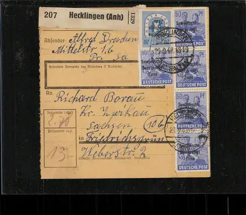 SBZ 1948 Interessante Paketkarte mit Nr 205 gestempelt (226534)