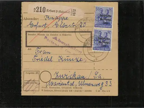 SBZ 1948 Interessante Paketkarte mit Nr 203 gestempelt (226535)