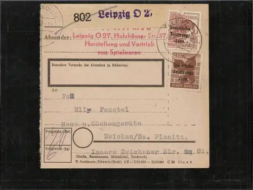 SBZ 1948 Interessante Paketkarte mit Nr 203 gestempelt (226536)