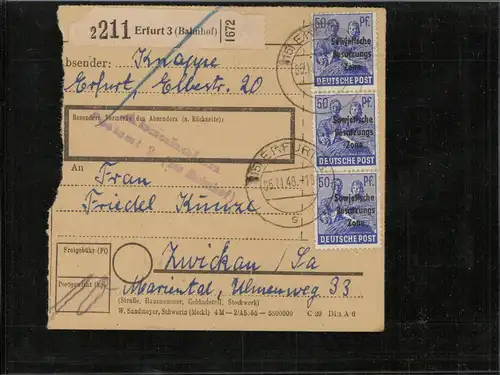 SBZ 1948 Interessante Paketkarte mit Nr 203 gestempelt (226537)