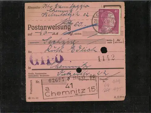 DR 1941 POSTANWEISUNG mit Nr 795 gestempelt (226552)