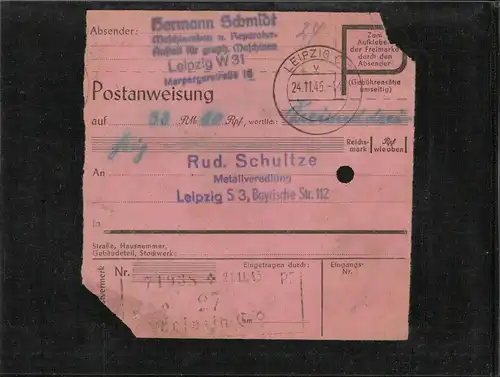 SBZ 1945 POSTANWEISUNG mit Nr 134 gestempelt (226554)