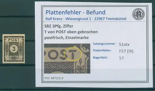 SBZ 1945 PLATTENFEHLER Nr 51atx IX postfrisch (229892)