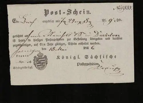 POST-SCHEIN HAYNICHEN Sachsen 1846 siehe Beschreibung (212332)