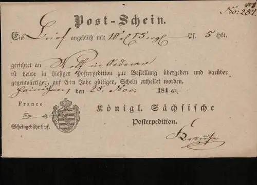 POST-SCHEIN HAYNICHEN Sachsen 1846 siehe Beschreibung (212335)