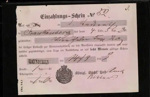 EINZAHLUNGS-SCHEIN HAYNICHEN 1863 siehe Beschreibung (212339)