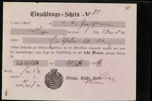 EINZAHLUNGS-SCHEIN HAYNICHEN 1863 siehe Beschreibung (212340)