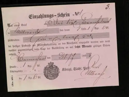 EINZAHLUNGS-SCHEIN HAYNICHEN 1863 siehe Beschreibung (212344)