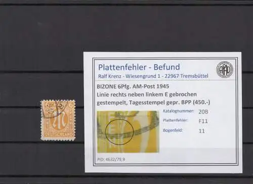 BIZONE 1945 PLATTENFEHLER Nr 20B F11 gestempelt (231347)