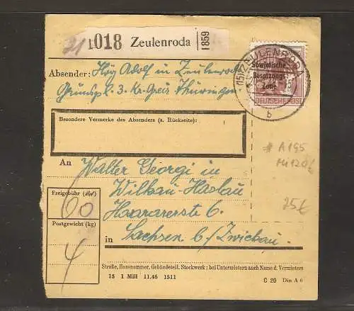 SBZ, Mi.-Nr. A 195 EF auf Paketkarte.