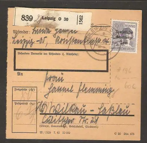 SBZ, Mi.-Nr. 196 EF auf Paketkarte.