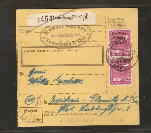 SBZ, Mi.-Nr. 193 MeF auf Paketkarte.