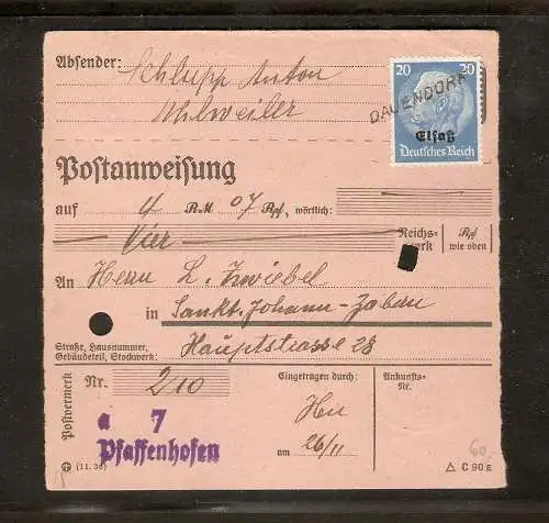 Elsass, EF. Mi.-Nr. 9 auf Postanweisung mit Notstempel."Dauendorf"