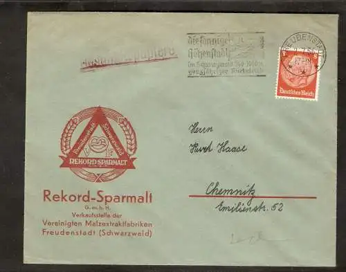 DR. Reklame-Brief, Rekord-Sparmalt,  Freudenstadt, Marke mit Perfin VF,
