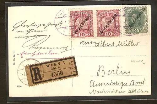 Österreich, R-Postkarte aus Wien nach Berlin mit AK-St.