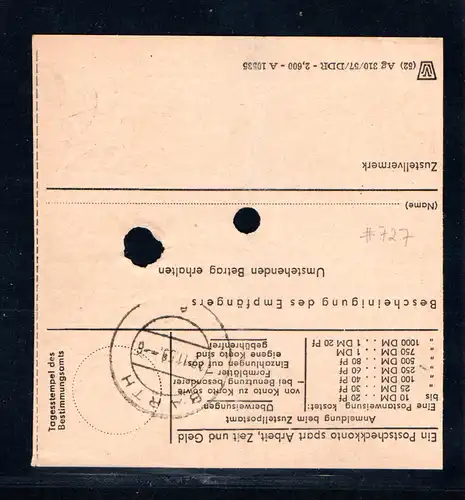  DDR Postanweisung mit EF. Mi.-Nr. 727