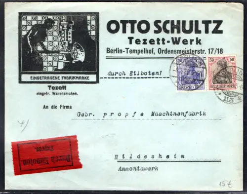 DR. Reklame-Germania-Brief, Tezett-Werk, Otto Schultz, Berlin.
