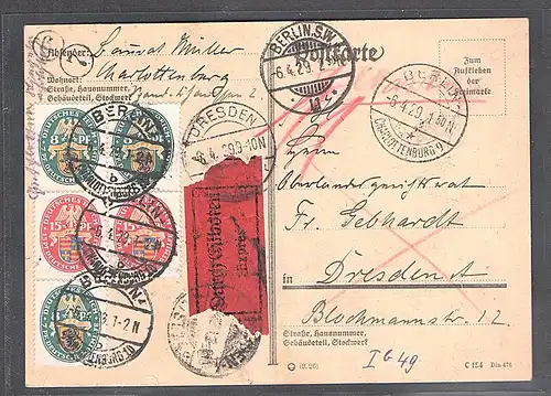 DR. Eilbote-Karte mit Mi.-Nr. 426, 427, in Berlin mit Rohrpost befördert.