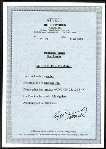 DR. Drucksache mit EF.Mi.-Nr. 119, FA. TworekBPP.