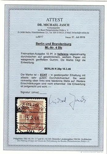 SBZ., Berlin und Brandenburg Mi.-Nr. 4 Bb gestempelt, FA. DR.JaschBPP: