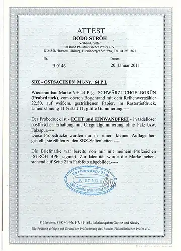 SBZ- Ostsachsen Mi.-Nr. 64 P I, FA. StröhBPP.