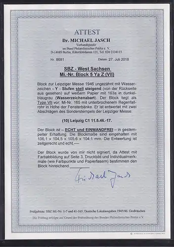 SBZ, West Sachsen., Mi.-Nr. Block 5 Ya Z, gestempelt, FA. Dr. JaschBPP.