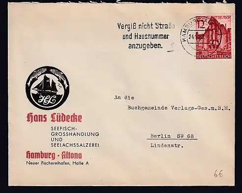 DR. Reklame-Brief, Fischgrosshandlung, Hans Lüdecke, Hamburg