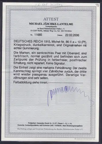 DR, Mi.-Nr.86 II a.mit Fehlzähnung, postfrisch,FA,Jäschke-LBPP