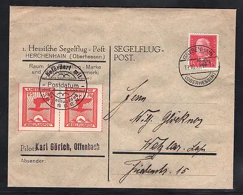 DR., Hessische Segelflug-Post Mi.-Nr. 20 auf Brief
