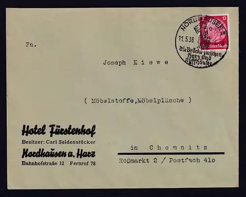 DR. Reklame-Brief, Hotel Fürstenhof, Nordhausen a. Harz.