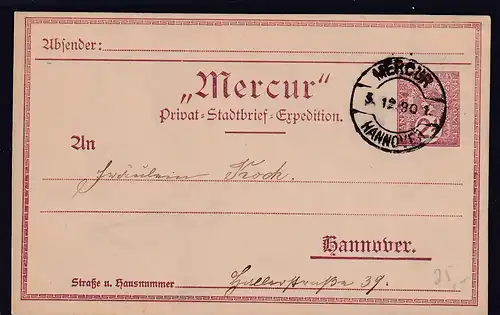 Privatpost, Mercur Hannover 1890, Ganzsache 2,5 Pf., gestempelt