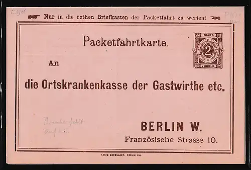 Privatpost, Packetfahrtkarte Berlin,doppell-Karte 2Pfg mit Zudruck, ungebraucht.