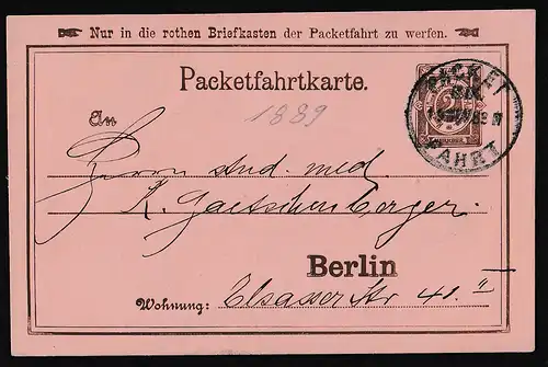 Privatpost, Packetfahrtkarte Berlin,1889, 2 Pfg. Braun, gestempelt.