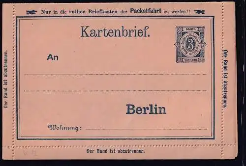 Privatpost, Packetfahrtkarte Berlin, Kartenbrief Mi.-Nr K13, ungebraucht