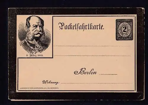 Privatpost, Packetfahrtkarte, Berlin 9 März 1888, 2 Pfg. Schwarz, ungebraucht