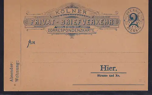 Privatpost, Correspondenz-Karte, Cöln, 2 Pfg. Blau, ungebraucht.