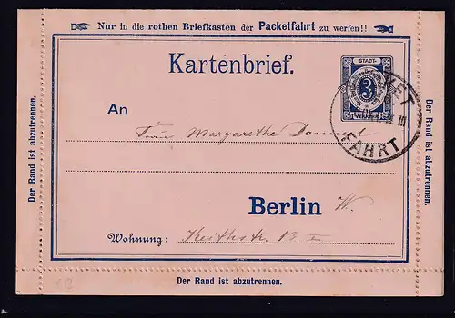 Privatpost,Packetfahrtkarte Berlin, Kartenbrief 3 Pfg., Blau, gelaufen.