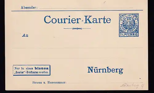 Privatpost, Courier-Karte Nürnberg, 1,5 Pfg., Blau, ungebraucht.
