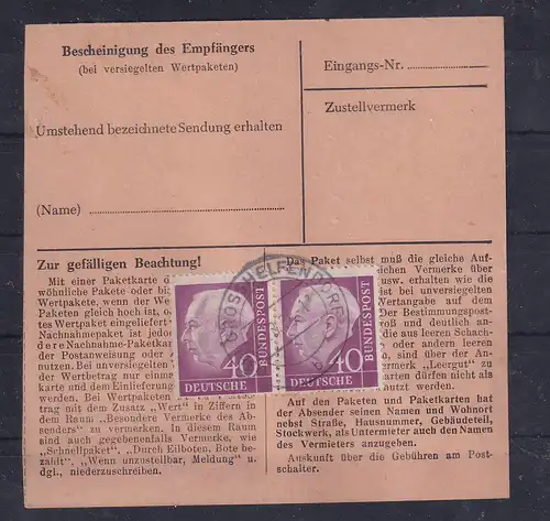Bund ,Paketkarte mit Me.F. Mi.-Nr. 188/188, Befund SchlegelBPP.