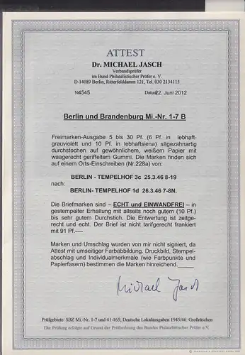  SBZ, Berlin und Brandenburg., Mi.-Nr. 1-7B, auf R-Ortsbrief, FA. Dr. JaschBPP.