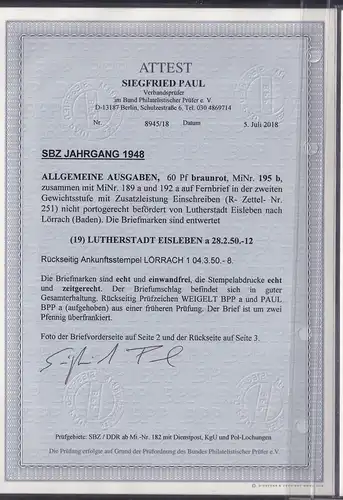 SBZ.,  Mi-Nr. 195 b, 189 a und 192 a,  auf R-Fernbrief, FA. Paul.