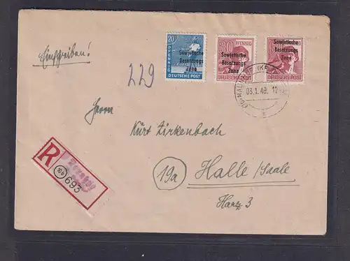 SBZ.,  Mi-Nr. 192 c, 195 a, auf R-Fernbrief, FA. Ruscher.