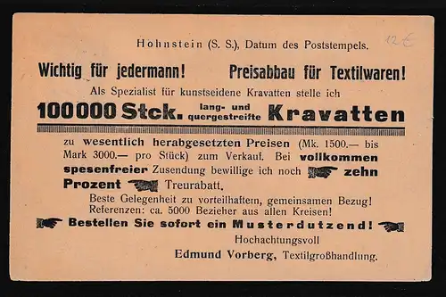 DR., Reklame-Karte, Textil-Großhandlung, E. Vorberg, Hohnstein