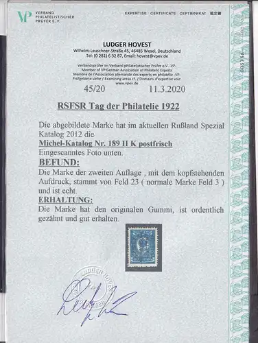 Russland, Tag der Philatelie 1922, Mi.-Nr. 189 II K, postfrisch, FA. Hovest